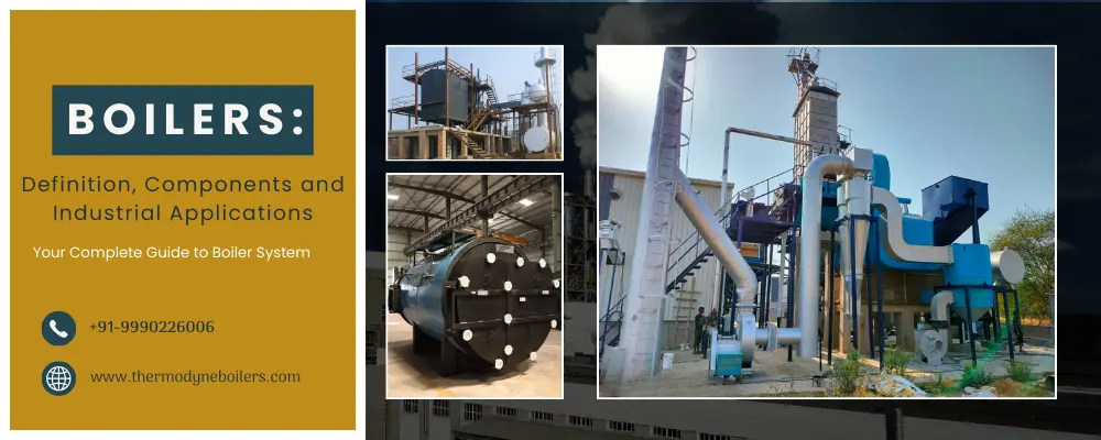 Industrial oil and gas fired boiler showing steam generation system used in manufacturing and process industries