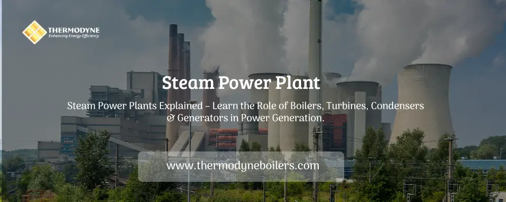 Steam power plant diagram showing boiler, turbine, generator, and condenser for industrial electricity