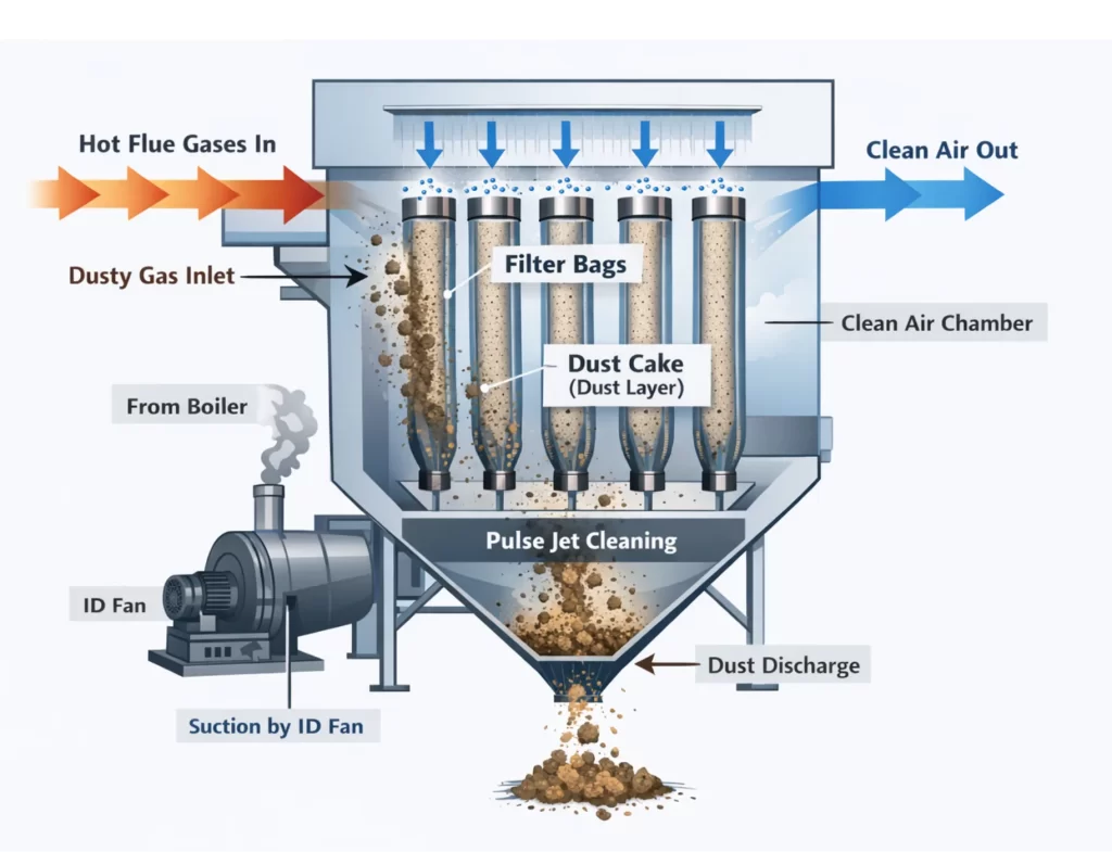 Working principle diagram of pulse jet bag filter showing flue gas inlet, filter bags, dust cake formation, pulse jet cleaning system, ID fan suction, and clean air outlet in industrial boiler system