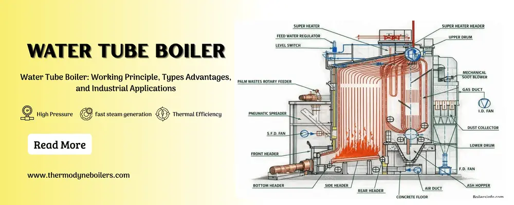 Water tube boiler diagram showing working principle, steam generation process, and major components used in industrial high-pressure boiler systems.