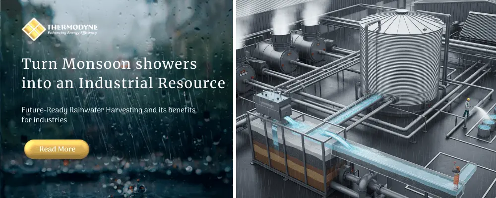 Rainwater harvesting system in industries with durable zincalume water storage tank.