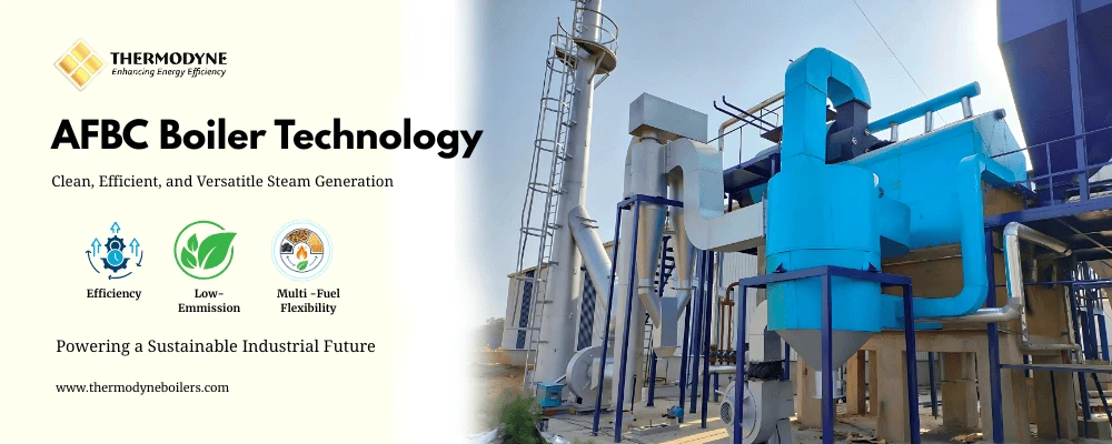 AFBC Boiler Technology: High-efficiency Atmospheric Fluidized Bed Combustion diagram highlighting icons for superior Efficiency, Low Emissions, and Multi-Fuel Flexibility (Coal, Biomass, Agro-Waste).