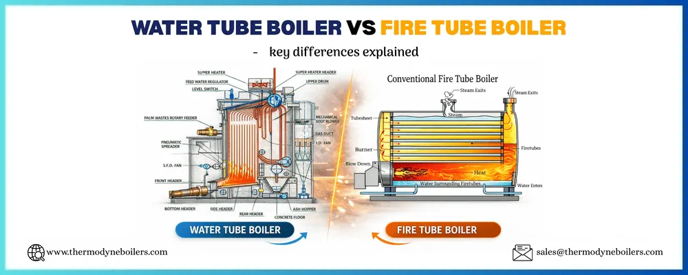 Water tube boiler vs fire tube boiler comparison diagram showing industrial steam boiler design, heat transfer process, and key structural differences between water tube and fire tube boilers.