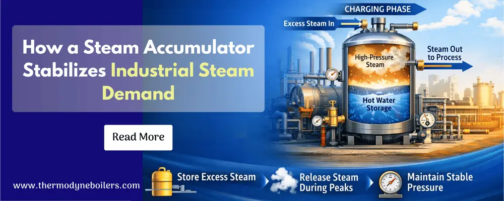 Steam accumulator system storing excess steam energy to stabilize industrial steam demand and maintain consistent steam pressure in a steam boiler system.