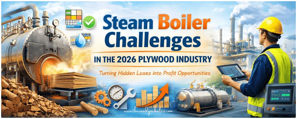 Plywood boiler system in plywood industry showing steam generation for veneer drying and hot press operations improving boiler efficiency