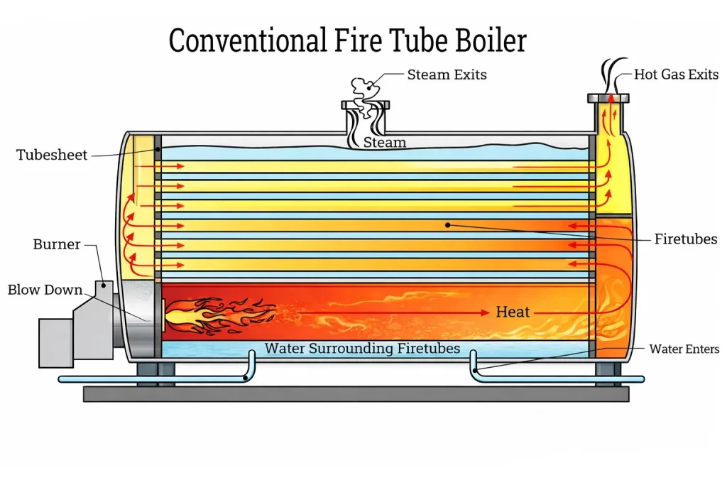 Conventional fire tube boiler design diagram showing hot flue gases passing through tubes surrounded by water for steam generation