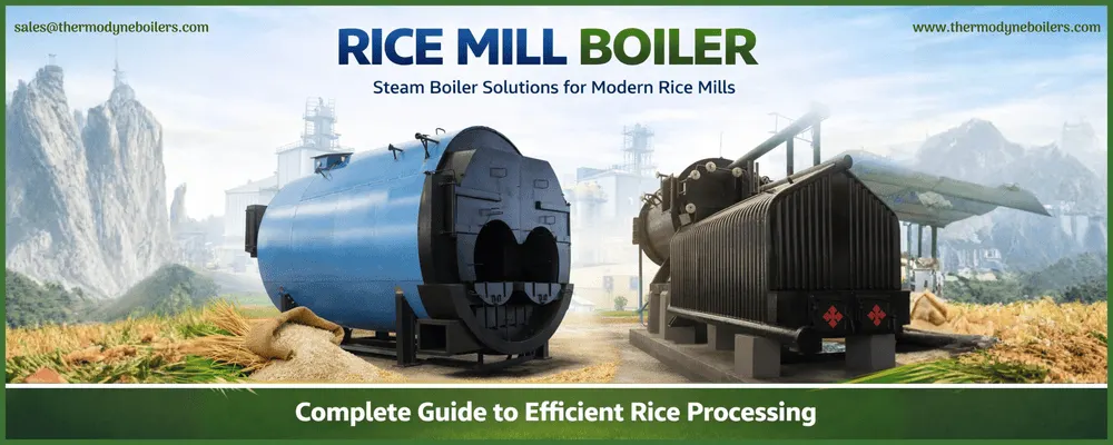 Industrial rice mill boiler system for efficient rice processing using rice husk and biomass fuel for steam generation
