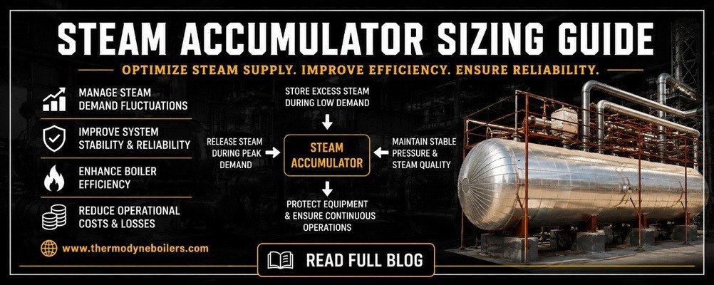 Steam accumulator sizing guide for industrial boiler systems showing steam storage vessel and key sizing parameters for stable steam supply and boiler efficiency.