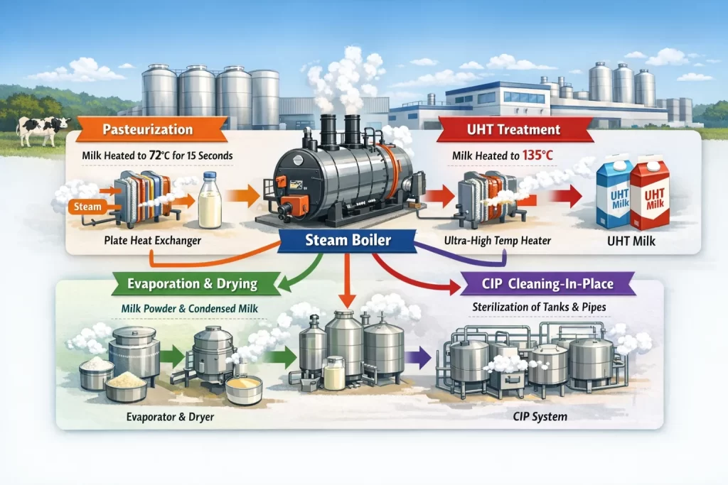 Steam Boiler Applications in Dairy Industry – Pasteurization, UHT, CIP & Milk Drying