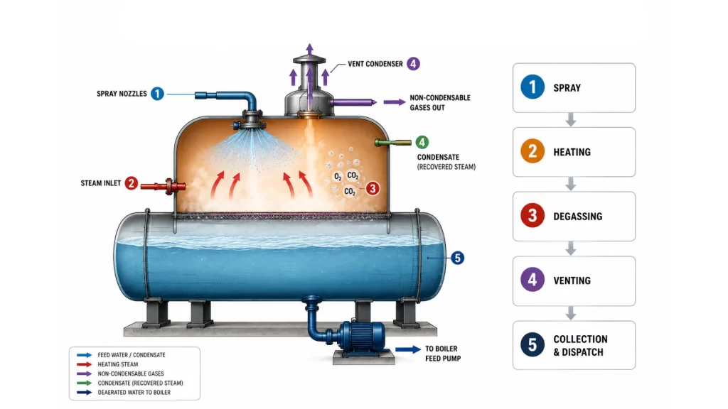 Deaerator Tank working principle in industrial steam boiler system.