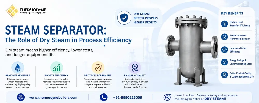 Industrial steam separator improving steam quality by removing moisture and delivering dry steam for efficient process heating