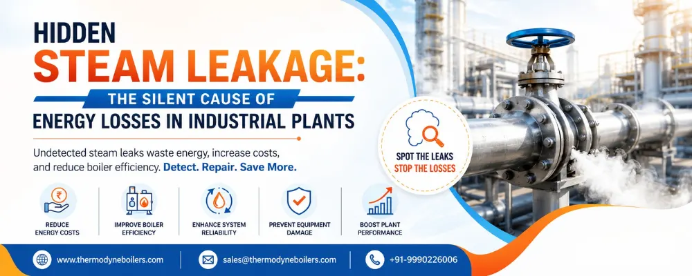 Hidden steam leakage from an insulated steam pipe in an industrial boiler plant causing energy loss, fuel wastage, and reduced steam boiler efficiency.