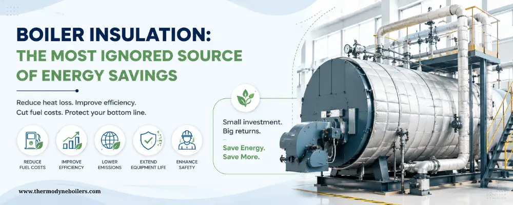 Boiler insulation reducing heat loss and improving energy efficiency in an industrial steam boiler system.