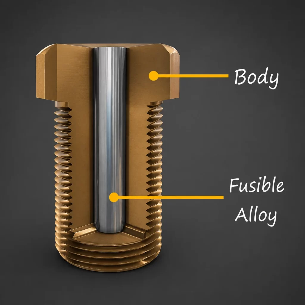 Fusible plug cross-sectional diagram showing the brass body and fusible alloy core used as a safety device in steam boilers.