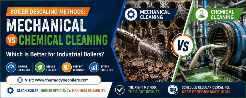 Boiler descaling process showing mechanical and chemical cleaning methods used to remove scale deposits from an industrial steam boiler.