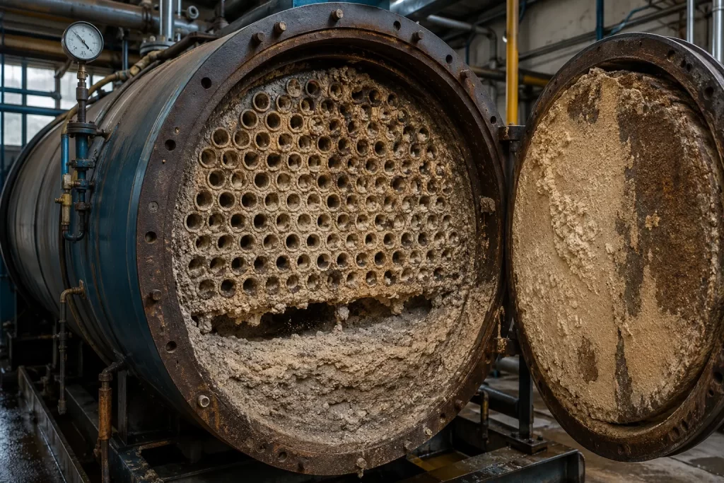 Boiler scaling inside industrial steam boiler showing mineral deposits and heat transfer surface fouling