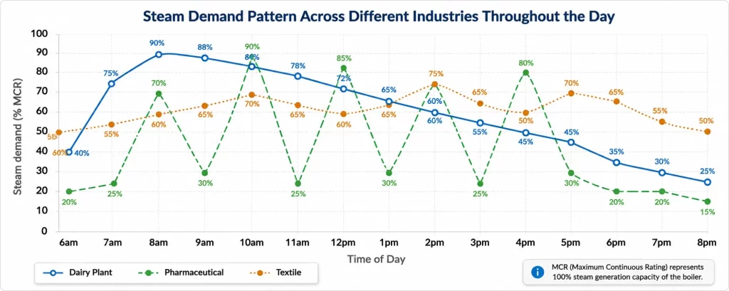 Saturated steam demand pattern chart showing steam consumption trends in dairy, pharmaceutical, and textile industries throughout the day for efficient boiler capacity planning.