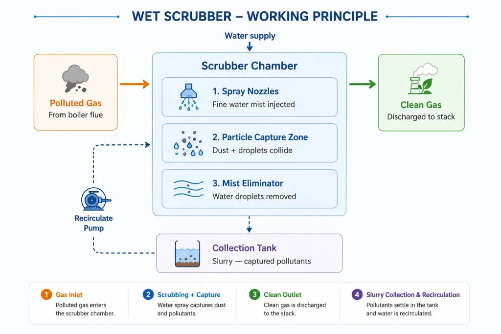 Wet scrubber working principle showing flue gas cleaning and pollutant removal process.
