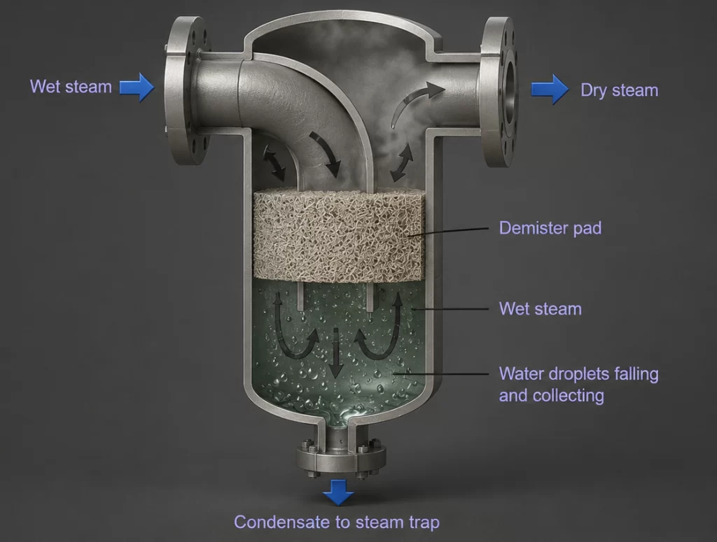 Steam separator removing moisture from wet steam to produce dry steam