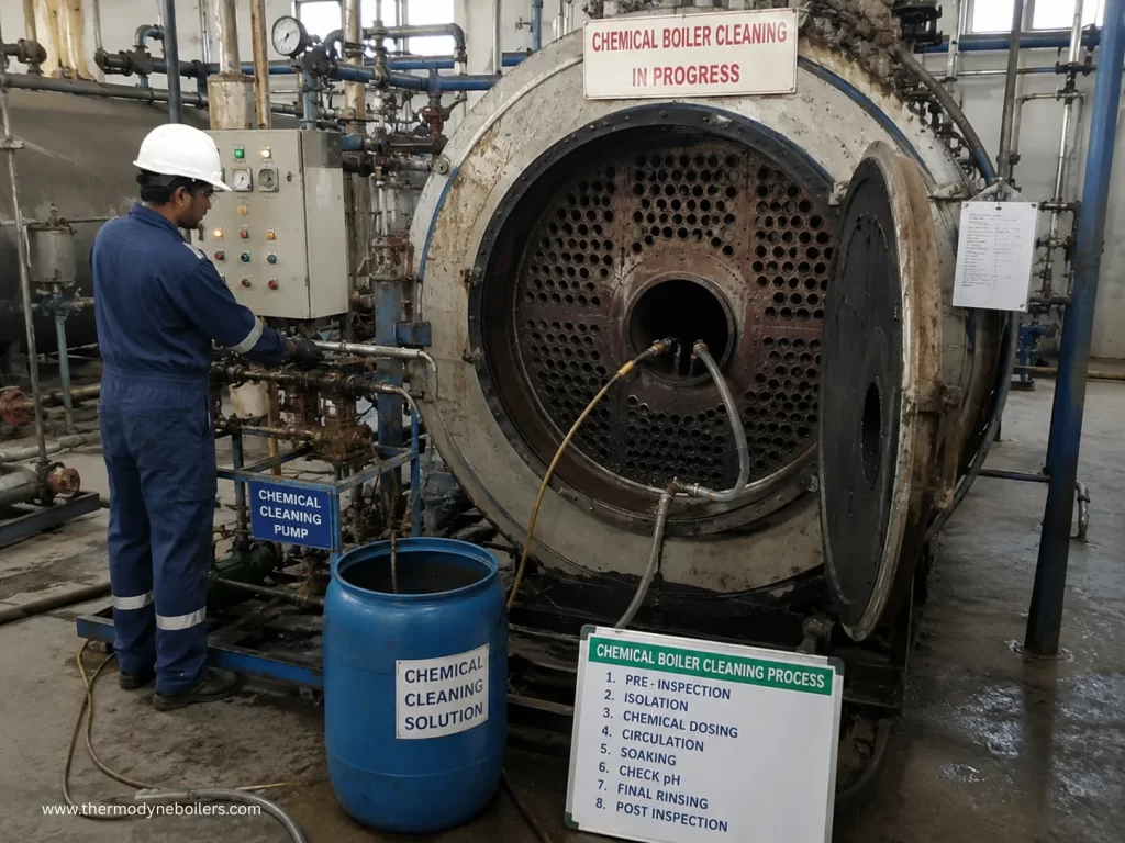 Technician performing chemical boiler cleaning using circulating cleaning solution to remove scale and mineral deposits from an industrial steam boiler.