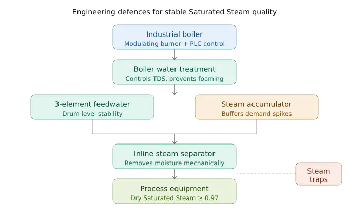 Engineering controls for maintaining saturated steam quality, showing boiler water treatment, feedwater control, steam accumulator, steam separator, and steam traps for dry saturated steam generation.