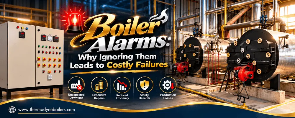 Industrial boiler alarms and control panel highlighting boiler safety risks, costly failures, and preventive maintenance.