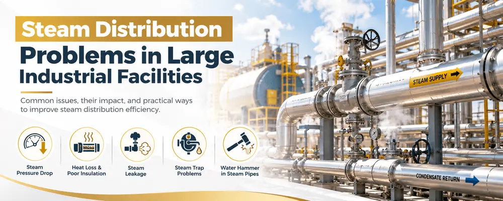 Steam distribution problems in large industrial facilities, including steam pipeline pressure loss, heat loss, leakage, and condensate management.